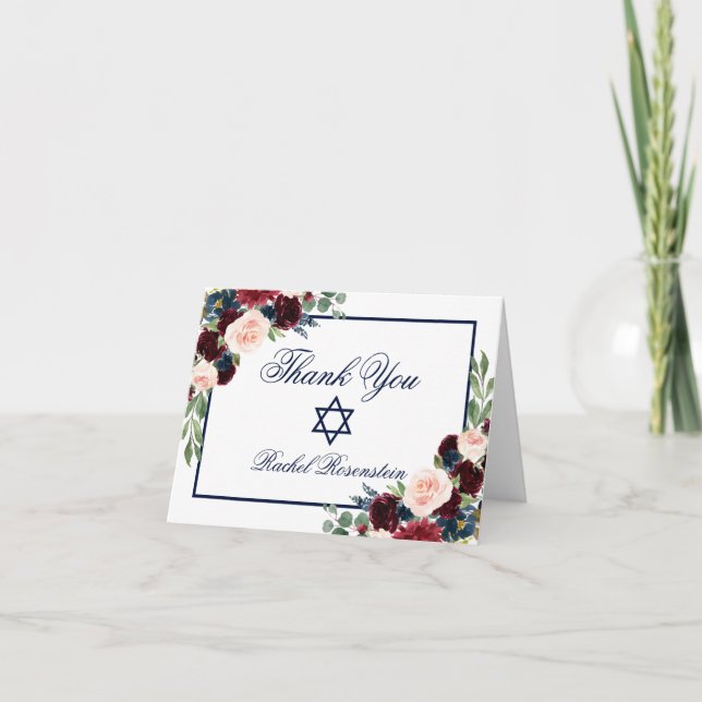 Bat Mitzvah Floral Burgundy Blue Note Thank You Card (Front)