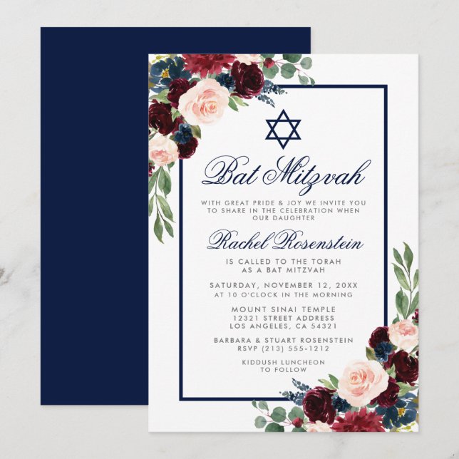 Bat Mitzvah Floral Burgundy Blue Silver Invitation (Front/Back)