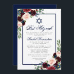 Bat Mitzvah Floral Burgundy Blue Silver Invitation<br><div class="desc">Bat Mitzvah Watercolor Burgundy Marsala Blue Floral Silver Invitation Card</div>