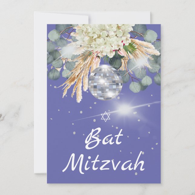Bat mitzvah Floral Disco Ball Purple Invitation (Dos)