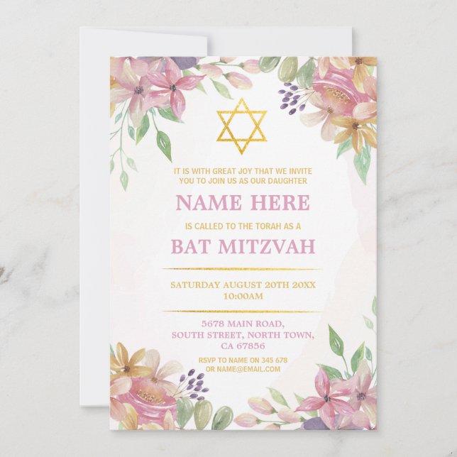 Bat mitzvah Floral Invitation Parties scintillant  (Devant)