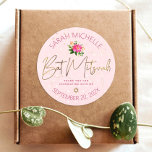 Bat Mitzvah Floral Pink Watercolor Gold Script Classic Round Sticker<br><div class="desc">Be proud, rejoice and celebrate this milestone of your favourite Bat Mitzvah whenever you use this sophisticated, personalized sticker! A chic, stunning, hot pink floral watercolor, faux gold foil script typography and Star of David, as well as modern dusty rose sans serif type overlay a soft pink & confetti dots...</div>