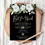 Bat Mitzvah Floral Watercolor Black Real Gold<br><div class="desc">Be proud, rejoice and showcase this milestone of your favourite Bat Mitzvah with this sophisticated, personalized invitation! A chic, stunning, white and real gold foil floral watercolor, real gold foil handwritten script and white sans serif typography, overlay a dramatic black background. Additional white watercolor and faux gold flowers and a...</div>