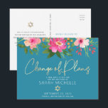 Bat Mitzvah Floral Watercolor Gold Script Blue  Invitation Postcard<br><div class="desc">Make sure all your friends and relatives will still be able to celebrate your daughter’s milestone Bat Mitzvah, regardless of current global unforeseen circumstances. Send out this chic, personalized “Change of Plans” announcement postcard. A chic, stunning, pink and peach floral watercolor with faux gold foil script typography and modern white...</div>