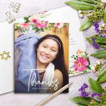 Bat Mitzvah Floral Watercolor Script Custom Photo Thank You Card<br><div class="desc">Make sure your favourite Bat Mitzvah shows her appreciation to all who supported her milestone event! Send out this sophisticated, personalized thank you card! A chic, stunning, pink and peach floral watercolor with white script typography and modern sans serif type overlay the photo of your choice. Additional watercolor flowers and...</div>