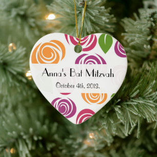 Bat Mitzvah - Flowers, Leaves - Orange Pink Purple Ceramic Ornament