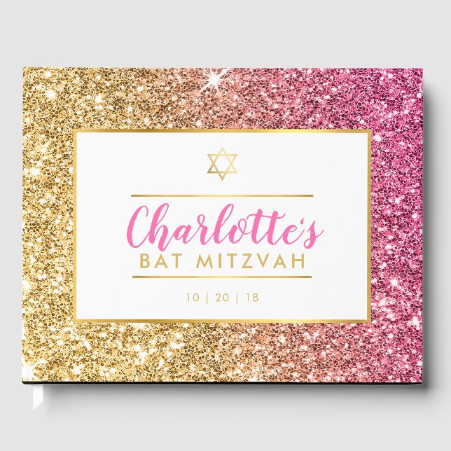 BAT MITZVAH galm cool luxe pink gold glitter Guest Book (Front)