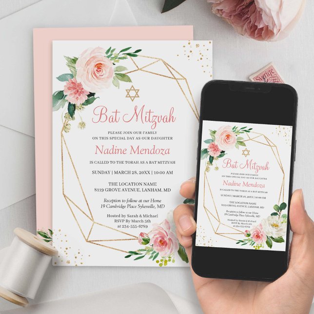 Bat Mitzvah | Geometric Blush Pink Floral Invitation (The customizable template allows you to add your personal touch using Zazzle's design tool.)