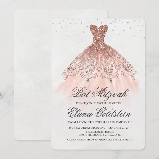 Bat Mitzvah Glitter Dress Diamond Invitation (Front/Back)