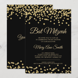 Bat Mitzvah Gold Faux Glitter Confetti Black Invitation