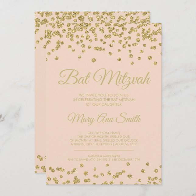 Bat Mitzvah Gold Faux Glitter Confetti Blush Pink Invitation (Front/Back)