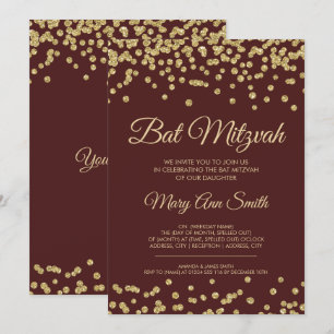 Bat Mitzvah Gold Faux Glitter Confetti Marsala Invitation