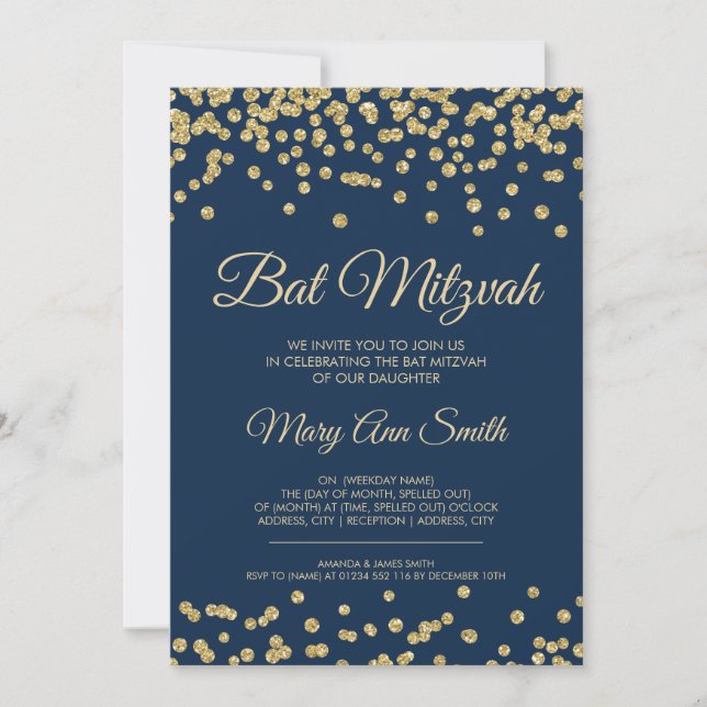 Bat Mitzvah Gold Faux Glitter Confetti Navy Blue Invitation (Front)