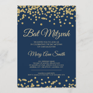 Bat Mitzvah Gold Faux Glitter Confetti Navy Blue Invitation