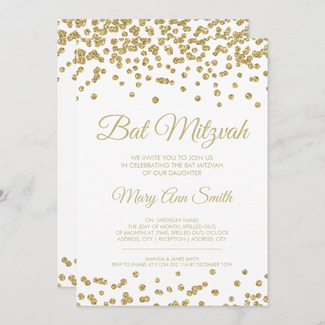 Bat Mitzvah Gold Faux Glitter Confetti White Invitation (Front/Back)