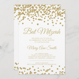 Bat Mitzvah Gold Faux Glitter Confetti White Invitation