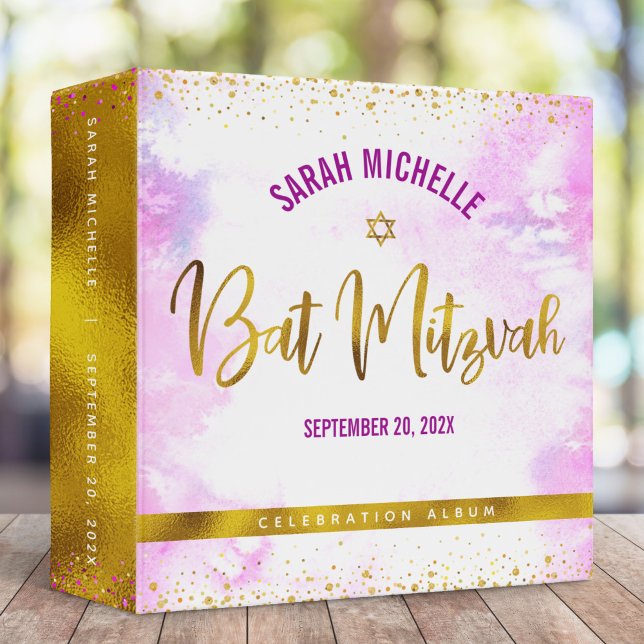 Bat Mitzvah Gold Foil on Pink Watercolor Keepsake Binder (Creator Uploaded)