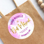 Bat Mitzvah Gold Foil Script on Pink Watercolor Classic Round Sticker<br><div class="desc">Be proud, rejoice and celebrate this milestone of your favourite Bat Mitzvah! Use this stunning, modern, sparkly gold faux foil handwritten script, Star of David and tiny dots against a light pink watercolor background sticker to add to her special day. Personalize the custom text with her name and date of...</div>