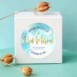Bat Mitzvah Gold Foil Script, Turquoise Watercolor Classic Round Sticker<br><div class="desc">Be proud, rejoice and celebrate this milestone of your favourite Bat Mitzvah! Use this stunning, modern, sparkly gold faux foil handwritten script, Star of David and tiny dots against a turquoise blue watercolor background sticker to add to her special day. Personalize the custom text with her name and date of...</div>