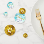 Bat Mitzvah Gold Foil Script Turquoise Watercolor Confetti<br><div class="desc">Add some extra style to your favourite Bat Mitzvah’s celebration party with this customizable table confetti! Stunning, modern, sparkly gold faux foil handwritten script, Star of David and tiny dots against a turquoise blue watercolor background on one side mix with a white Star of David over a faux gold foil...</div>