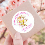 Bat Mitzvah Gold Foil Tree of Life Pink Typography Classic Round Sticker<br><div class="desc">Be proud, rejoice and showcase this milestone of your favourite Bat Mitzvah! Use this fun, sophisticated, personalized sticker to add to her special day. A stunning, graphic faux gold foil tree with sparkly pink, orange, and red Star of David and dot “leaves” overlays a white background. Personalize the custom text...</div>
