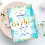 Bat Mitzvah Gold Foil Turquoise Modern Watercolor Invitation<br><div class="desc">Be proud, rejoice and showcase this milestone of your favourite Bat Mitzvah! Send out this stunning, modern, sparkly gold faux foil and glitter dots and typography script against a turquoise watercolor background, personalized invitation for an event to remember. Personalize the custom text with your Bat Mitzvah’s name, date, and venue...</div>