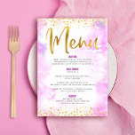 Bat Mitzvah Gold Glitter Foil Chic Pink Watercolor Menu<br><div class="desc">Be proud, rejoice and showcase this milestone of your favourite Bat Mitzvah with a celebration to be proud of! Tempt your guests with this stunning, modern, party meal menu, featuring sparkly gold faux foil and glitter dots and typography script against a soft pink watercolor background. Her name, date of event,...</div>
