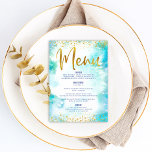 Bat Mitzvah Gold Glitter Foil Turquoise Watercolor Menu<br><div class="desc">Be proud, rejoice and showcase this milestone of your favourite Bat Mitzvah with a celebration to be proud of! Tempt your guests with this stunning, modern, party meal menu, featuring sparkly gold faux foil and glitter dots and typography script against a turquoise watercolor background. Her name, date of event, and...</div>