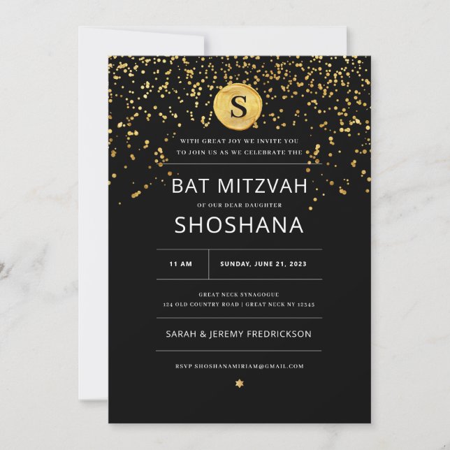 Bat Mitzvah Gold Glitter Invitation (Front)