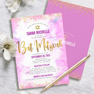 Bat Mitzvah Gold Glitter Pink Watercolor 2 Venue Invitation