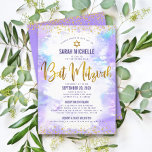 Bat Mitzvah Gold Glitter Purple Watercolor 2 Venue Invitation<br><div class="desc">Be proud, rejoice and showcase this milestone of your favourite Bat Mitzvah! Send out this stunning, modern, personalized invitation for an event to remember. Sparkly faux gold foil script, glitter dots. Star of David and typography script overlay a light purple watercolor background. Personalize the custom text with your Bat Mitzvah’s...</div>