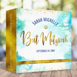 Bat Mitzvah Gold on Turquoise Watercolor Keepsake Binder<br><div class="desc">Let your favourite Bat Mitzvah be proud, rejoice and celebrate her milestone with this stunning keepsake scrapbook memory album. Stunning, modern, sparkly gold faux foil handwritten script, Star of David and tiny dots overlay a turquoise blue watercolor background. Personalize the custom text with her name and date of event. Guaranteed...</div>