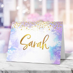 Bat Mitzvah Gold Purple Watercolor Sarah Blank Thank You Card<br><div class="desc">Make sure your favourite Bat Mitzvah shows her appreciation to all who supported her milestone event! Send out this stunning, modern, personalized thank you note. Sparkly faux gold foil handwritten script and tiny glitter dots overlay a light purple watercolor background. Blank inside for your handwritten note. Guaranteed to add a...</div>