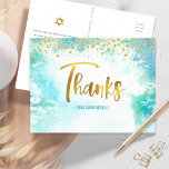Bat Mitzvah Gold Script Blue Watercolor Thank You Postcard<br><div class="desc">Make sure your favourite Bat Mitzvah shows her appreciation to all who supported her milestone event! Send out this stunning, modern, sparkly gold faux foil handwritten script and tiny dots overlaying a turquoise blue watercolor background, personalized thank you postcard. On the front, personalize with your Bat Mitzvah’s name. Add a...</div>