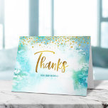 Bat Mitzvah Gold Script on Turquoise Watercolor Thank You Card<br><div class="desc">Make sure your favourite Bat Mitzvah shows her appreciation to all who supported her milestone event! Send out this stunning, modern, sparkly gold faux foil handwritten script and tiny dots overlaying a turquoise blue watercolor background, personalized thank you note. On the front, personalize with your Bat Mitzvah’s name. Add a...</div>