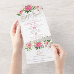 Bat Mitzvah Gold Script Pink Floral Watercolor All In One Invitation<br><div class="desc">Be proud, rejoice and showcase this milestone of your favourite Bat Mitzvah! Send out this stunning, modern, custom all-in-one invitation for an event to remember. A chic, stunning, pink and peach floral watercolor with faux gold foil handwritten script typography and modern dusty rose and grey sans serif type overlay a...</div>