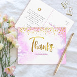 Bat Mitzvah Gold Script Pink Watercolor Thank You  Postcard<br><div class="desc">Make sure your favourite Bat Mitzvah shows her appreciation to all who supported her milestone event! Send out this stunning, modern, sparkly gold faux foil handwritten script and tiny dots overlaying a light pink watercolor background, personalized thank you postcard. On the front, personalize with your Bat Mitzvah’s name. Add a...</div>