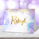 Bat Mitzvah Gold Script Purple Custom Name Raleigh Thank You Card<br><div class="desc">Make sure your favourite Bat Mitzvah shows her appreciation to all who supported her milestone event! Send out this stunning, modern, personalized thank you note. Sparkly faux gold foil handwritten script and tiny glitter dots overlay a light purple watercolor background. Guaranteed to add a stylish touch to her correspondence! Matching...</div>
