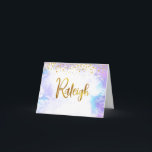 Bat Mitzvah Gold Script Purple Custom Name Raleigh Thank You Card<br><div class="desc">Make sure your favourite Bat Mitzvah shows her appreciation to all who supported her milestone event! Send out this stunning, modern, personalized thank you note. Sparkly faux gold foil handwritten script and tiny glitter dots overlay a light purple watercolor background. Guaranteed to add a stylish touch to her correspondence! Matching...</div>