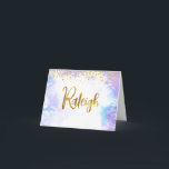 Bat Mitzvah Gold Script Purple Custom Name Raleigh Thank You Card<br><div class="desc">Make sure your favourite Bat Mitzvah shows her appreciation to all who supported her milestone event! Send out this stunning, modern, personalized thank you note. Sparkly faux gold foil handwritten script and tiny glitter dots overlay a light purple watercolor background. Guaranteed to add a stylish touch to her correspondence! Matching...</div>