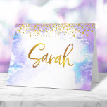 Bat Mitzvah Gold Script Purple Watercolor Sarah Thank You Card<br><div class="desc">Make sure your favourite Bat Mitzvah shows her appreciation to all who supported her milestone event! Send out this stunning, modern, personalized thank you note. Sparkly faux gold foil handwritten script and tiny glitter dots overlay a light purple watercolor background. Add a personalized note on the inside, either by modifying...</div>