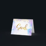 Bat Mitzvah Gold Script Purple Watercolor Sarah Thank You Card<br><div class="desc">Make sure your favourite Bat Mitzvah shows her appreciation to all who supported her milestone event! Send out this stunning, modern, personalized thank you note. Sparkly faux gold foil handwritten script and tiny glitter dots overlay a light purple watercolor background. Add a personalized note on the inside, either by modifying...</div>