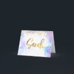 Bat Mitzvah Gold Script Purple Watercolor Sarah Thank You Card<br><div class="desc">Make sure your favourite Bat Mitzvah shows her appreciation to all who supported her milestone event! Send out this stunning, modern, personalized thank you note. Sparkly faux gold foil handwritten script and tiny glitter dots overlay a light purple watercolor background. Add a personalized note on the inside, either by modifying...</div>