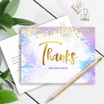 Bat Mitzvah Gold Script Purple Watercolor Thanks Postcard<br><div class="desc">Make sure your favourite Bat Mitzvah shows her appreciation to all who supported her milestone event! Send out this stunning, modern, sparkly gold faux foil handwritten script and tiny dots overlaying a light purple watercolor background, personalized thank you postcard. On the front, personalize with your Bat Mitzvah’s name. Add a...</div>