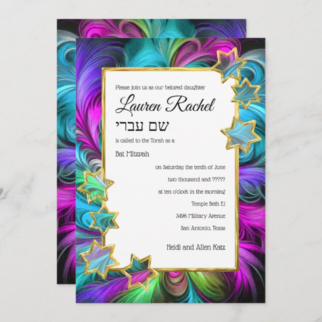 Bat Mitzvah Gold Stars Colourful Pastel Drawing Invitation (Front/Back)