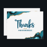 Bat Mitzvah Gold Turquoise Agate Script Thank You Postcard<br><div class="desc">Make sure your favourite Bat Mitzvah shows his appreciation to all who supported her milestone event! Send out this cool, unique, modern, personalized thank you postcard. Turquoise blue handwritten script and bold, sans serif typography overlay a simple, clean white background with turquoise blue agate rocks accented with faux gold veins....</div>