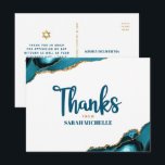 Bat Mitzvah Gold Turquoise Agate Script Thank You Postcard<br><div class="desc">Make sure your favourite Bat Mitzvah shows his appreciation to all who supported her milestone event! Send out this cool, unique, modern, personalized thank you postcard. Turquoise blue handwritten script and bold, sans serif typography overlay a simple, clean white background with turquoise blue agate rocks accented with faux gold veins....</div>