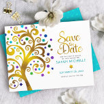 Bat Mitzvah Gold Turquoise and Purple Tree of Life Save The Date<br><div class="desc">Make sure all your friends and relatives will be able to celebrate your daughter’s milestone Bat Mitzvah! Send out this stunning, graphic faux gold foil tree with sparkly turquoise, teal, purple and blue Star of David and dot “leaves” on a white background, personalized “Save the Date” announcement card. A tiny,...</div>