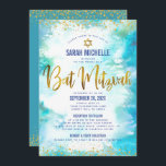 Bat Mitzvah Gold Turquoise Watercolor 2 Venue Chic Invitation<br><div class="desc">Be proud, rejoice and showcase this milestone of your favourite Bat Mitzvah! Send out this stunning, modern, personalized invitation for an event to remember. Sparkly faux gold foil script, glitter dots. Star of David and typography script overlay a turquoise blue watercolor background. Personalize the custom text with your Bat Mitzvah’s...</div>
