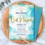 Bat Mitzvah Gold Turquoise Watercolor 2 Venue Chic Invitation<br><div class="desc">Be proud, rejoice and showcase this milestone of your favourite Bat Mitzvah! Send out this stunning, modern, personalized invitation for an event to remember. Sparkly faux gold foil script, glitter dots. Star of David and typography script overlay a turquoise blue watercolor background. Personalize the custom text with your Bat Mitzvah’s...</div>